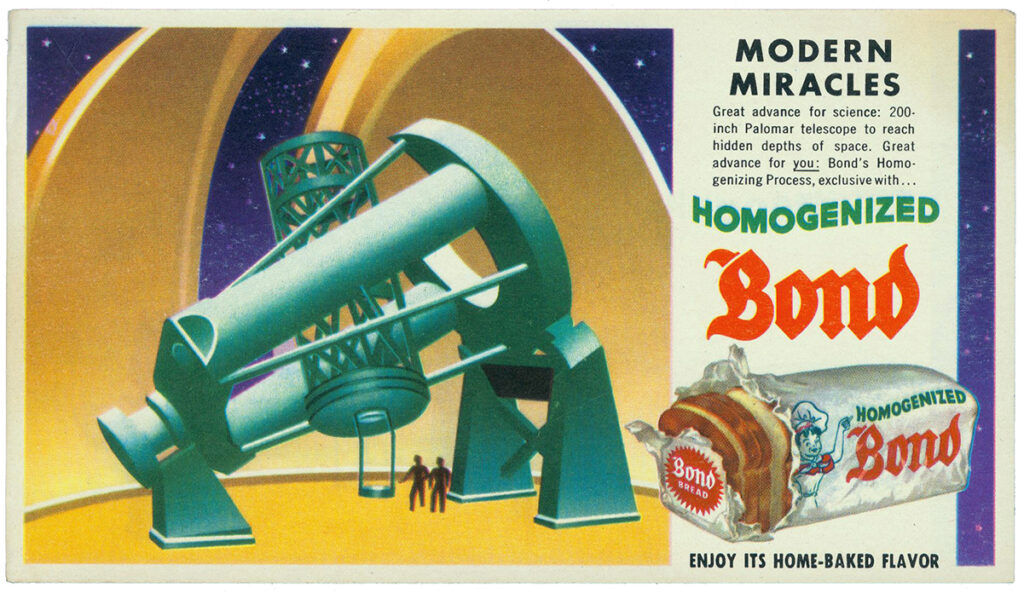 Illustrated bread advertisement showing an observatory