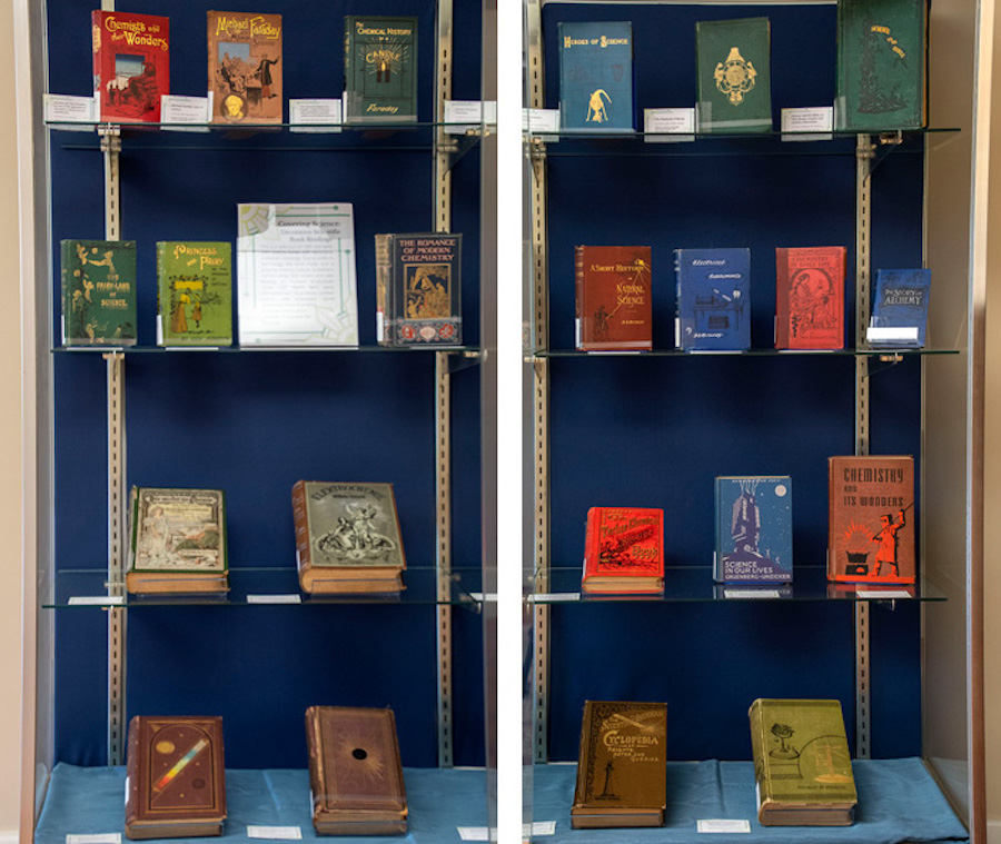 Numerous scientific books on display