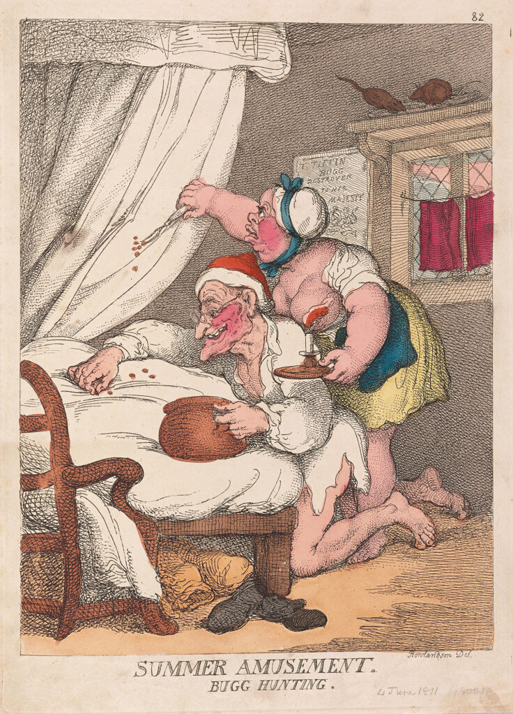 old illustration of two people searching bed for bugs