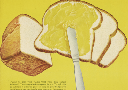 Vintage ad for margarine featuring a knife spreading margarine on one piece of bread out of the loaf. The ad copy talks about the benefits of margarine.