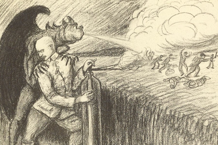 Caricature of Fritz Haber releasing gas on a WWI battlefield