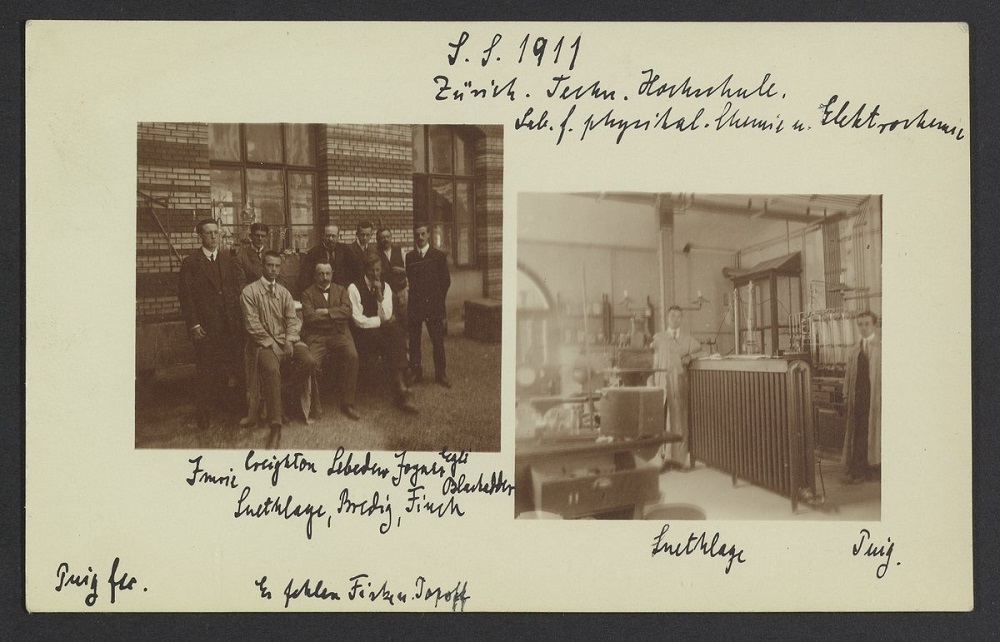 Two photographs, seemingly from a photo album, of chemists at Technische Hochschule Zurich. The photograph on the left depicts a group of men seated and standing outside of a brick building. The photograph on the right depicts two men in a science lab. There are handwritten notes and labels around each photograph.