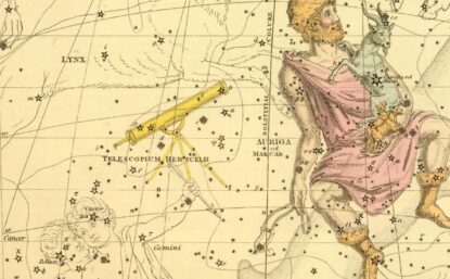 An 1822 star map by Alexander Jamieson shows the constellation Telescopium Herschelii, depicted here, ironically, as a refracting telescope.