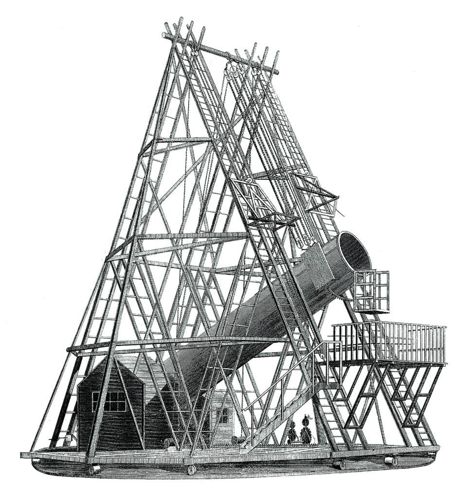 An illustration of Herschel’s 40-foot reflecting telescope from Charles Hutton’s A Philosophical and Mathematical Dictionary, 1815.