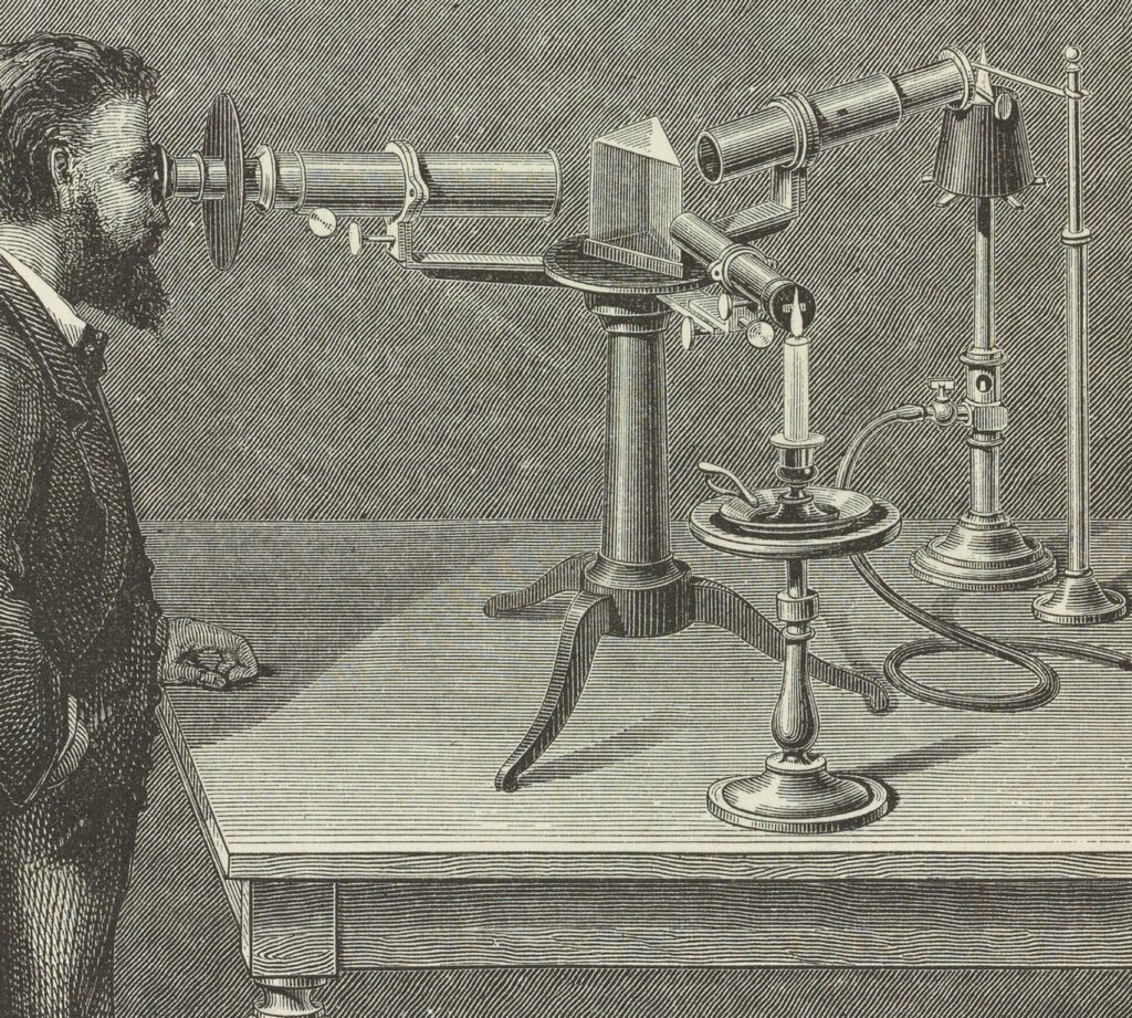 Illustration of a man looking through a spectroscope 1872