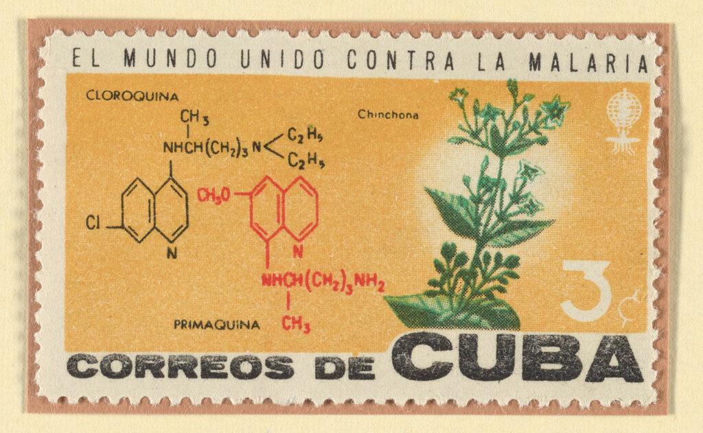 Stamp with illustrations of chemical compounds and a plant