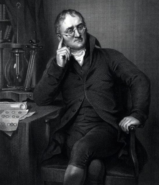 engraving of John Dalton sitting at a table
