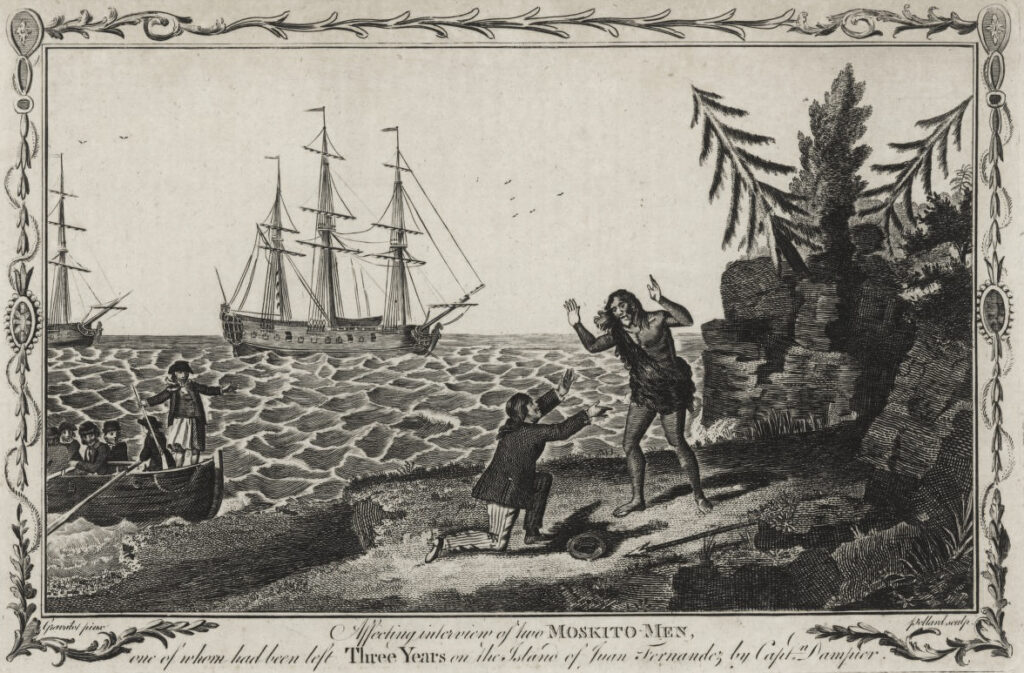 Island scene of an unkempt man and a well-dressed man celebrating