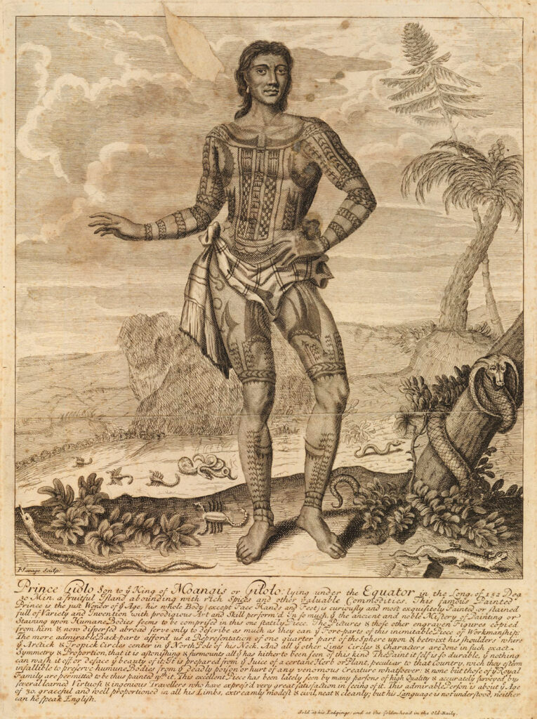 Engraving of a mostly nude tattooed man surrounded by snakes