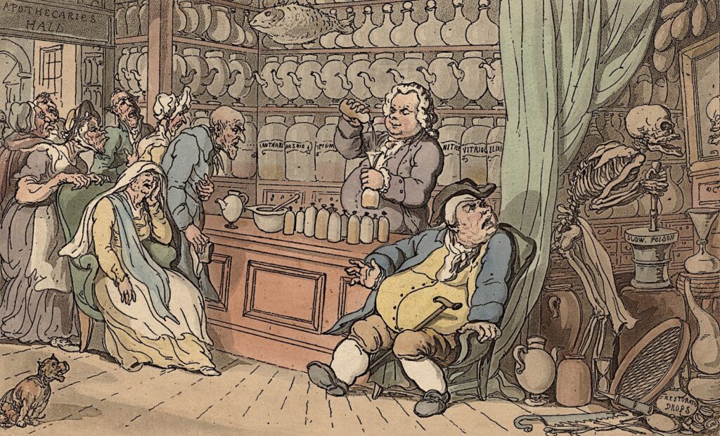 Satirical cartoon of apothecary