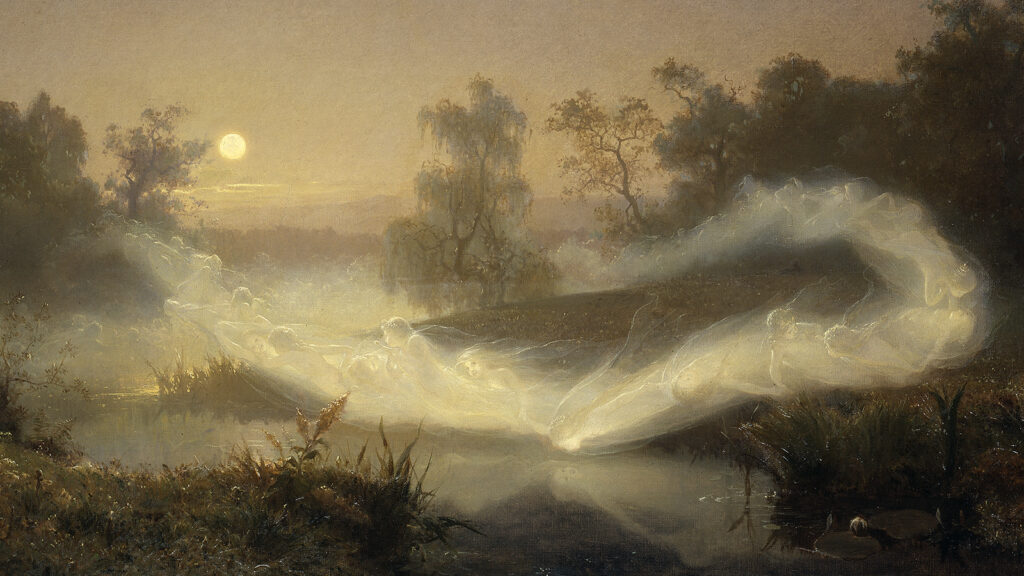 oil painting of fairies circling a pond