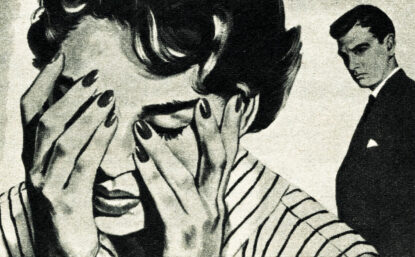 A vintage ad for deodorant called Mum Cream. It features a woman crying and hiding her face while a man looks over at her, frowning. The ad copy focuses on how the deodorant stops perspiration.