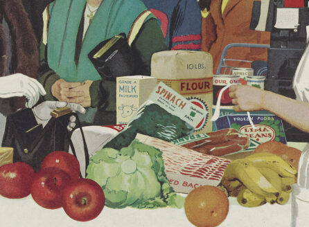 Color print advertisement for the Dow Chemical Company depicting a woman buying groceries at a checkout counter with a line of people behind her.