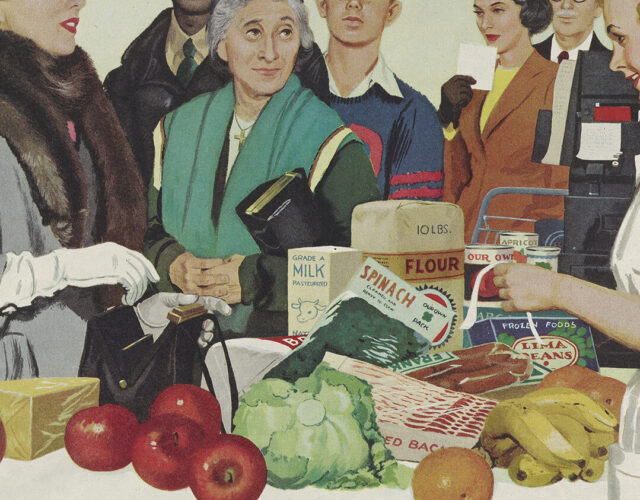 Color print advertisement for the Dow Chemical Company depicting a woman buying groceries at a checkout counter with a line of people behind her.