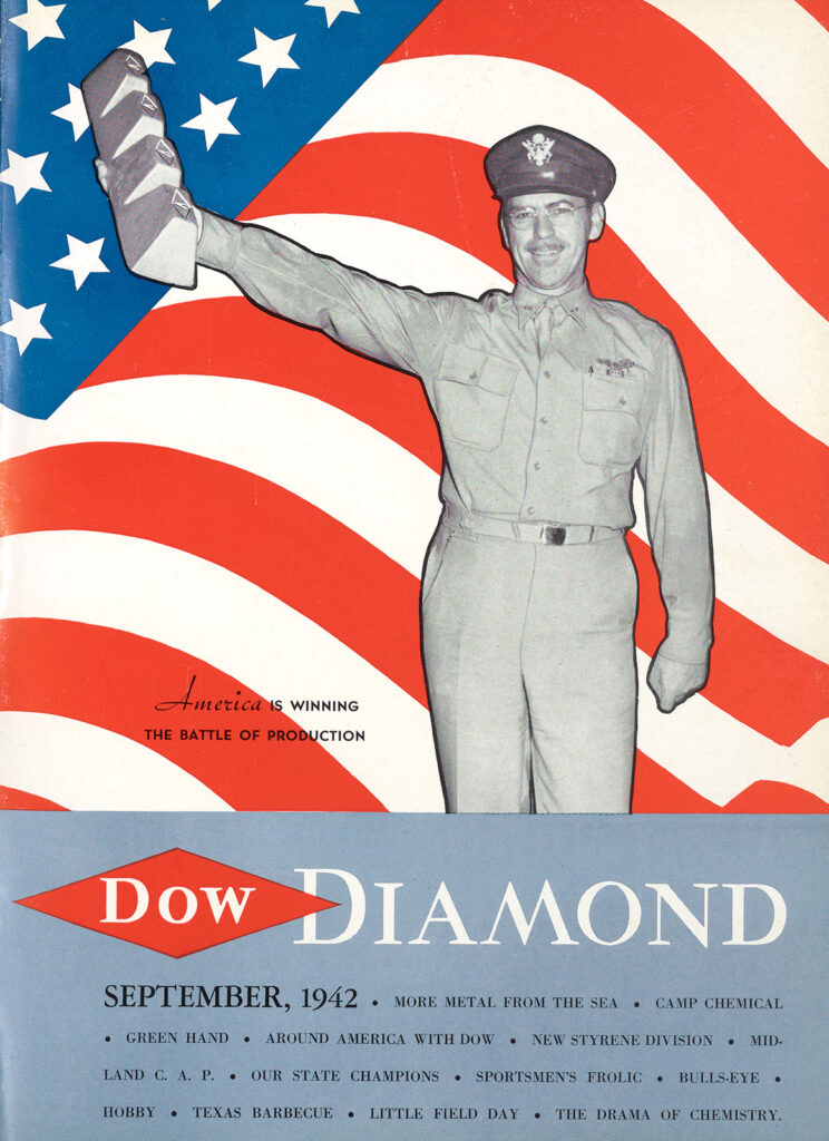 Magazine cover with man in front of flag graphic