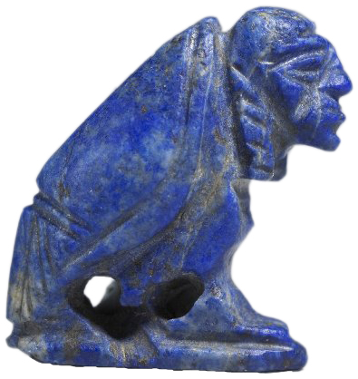 Profile of small, blue figurine of a vulture with a human head