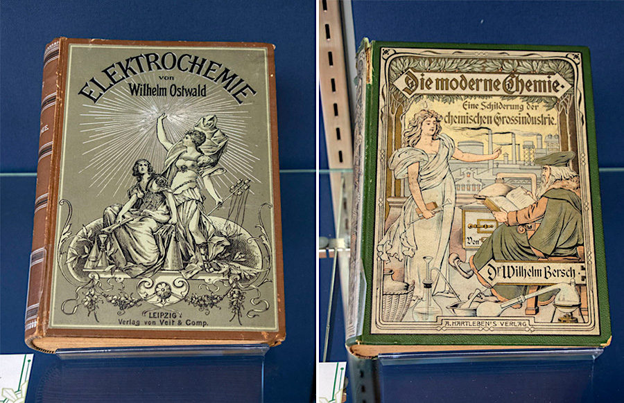 Art Nouceau-style illustrations on the cover of Electrochemistry books