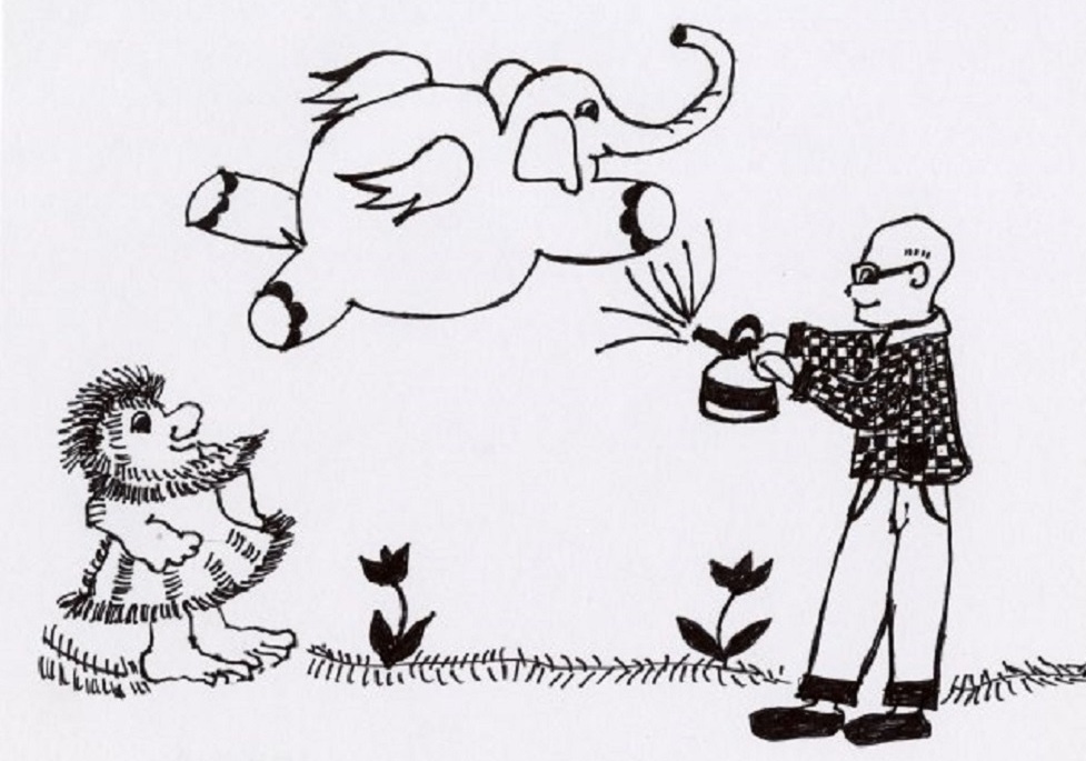 Black and white illustration of a smiling elephant with wings flying. A small smiling person in a dress without shoes and a taller smiling person in a checkered shirt holding a spray can and spraying the elephant.