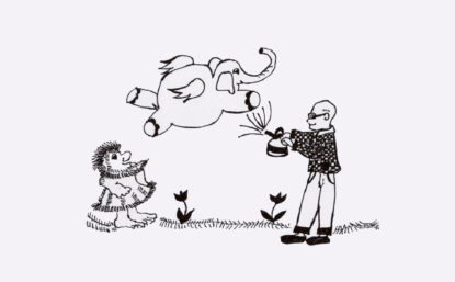 Black and white illustration of a smiling elephant with wings flying. A small smiling person in a dress without shoes and a taller smiling person in a checkered shirt holding a spray can and spraying the elephant.