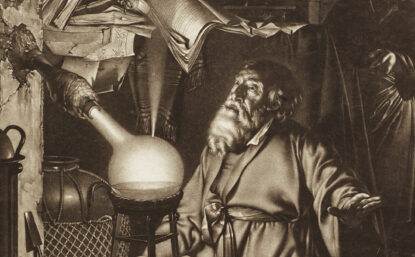 Black and white lithograph of a painting showing an old man in robes on his knees being illuminated by a substance in a set of early chemical equipment