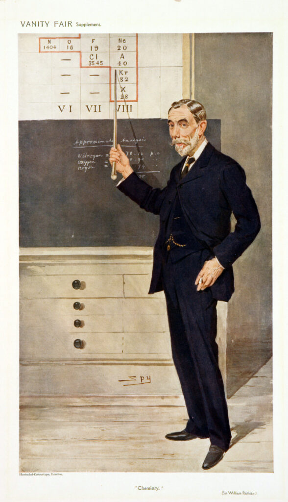 William Ramsay as the personification of chemistry in Vanity Fair, 1908, chromolithograph, by Leslie Ward. 