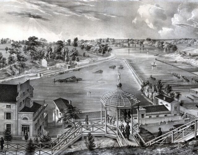 Lithograph of a view of the Fairmount Water Works with the Schuylkill River in the distance, 1838.