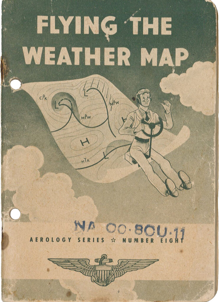 Cartoon of pilot sitting on a weather map