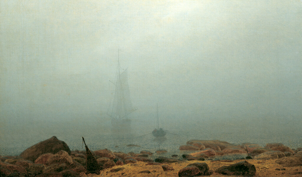 Oil painting of foggy seascape with faintly visible ship