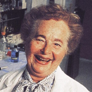 Hitchings and Elion in a lab wearing lab coats and smiling. They both hold black, blue, red, and white plastic models