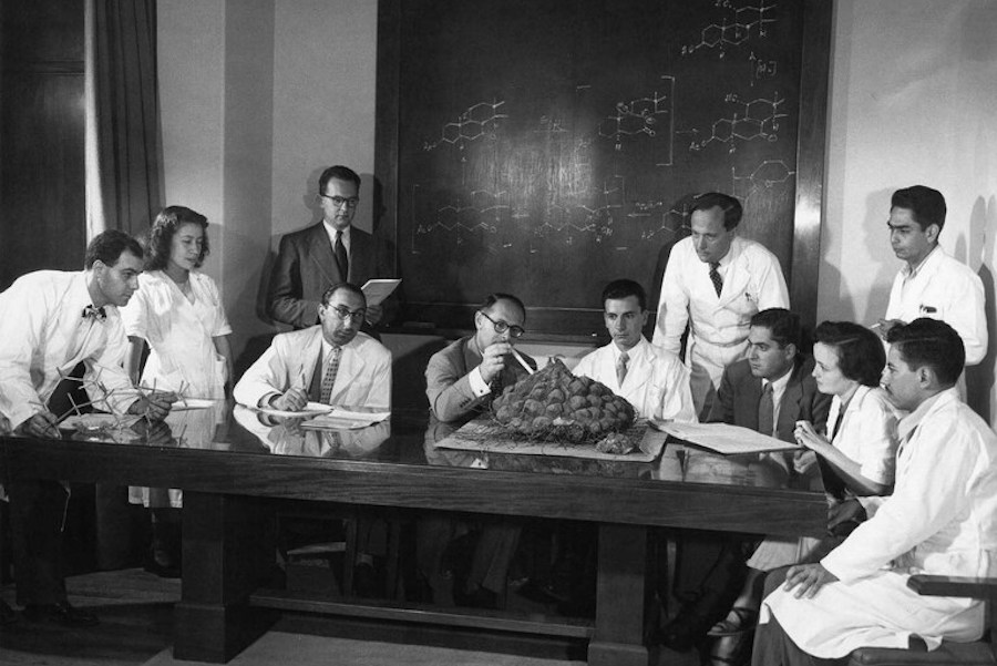 Black and white photo of men and women in lab coats and suits sitting around a table. A man in a suite in the middle points at a bag of yams. A chalkboard is in the background.