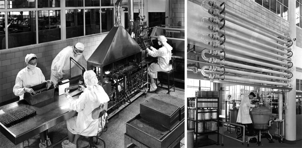 Two black and white photos of pharmaceutical production