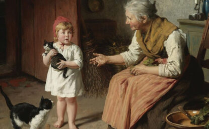 Painting of a toddler dressed in a white nightgown with a red cap holding a kitten while an old woman in a long skirt and blouse gestured kindly at her. The old woman is seated and there is another cat walking around what appears to be a old cottage kitchen.