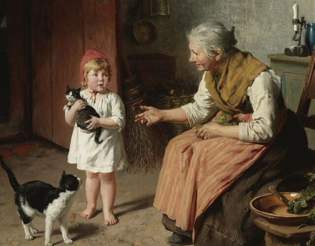 Painting of a toddler dressed in a white nightgown with a red cap holding a kitten while an old woman in a long skirt and blouse gestured kindly at her. The old woman is seated and there is another cat walking around what appears to be a old cottage kitchen.