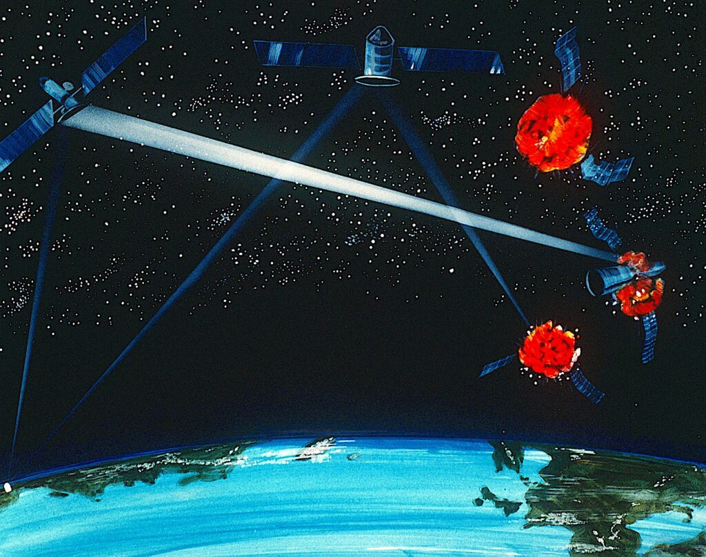 Illustration of orbiting laser weapons