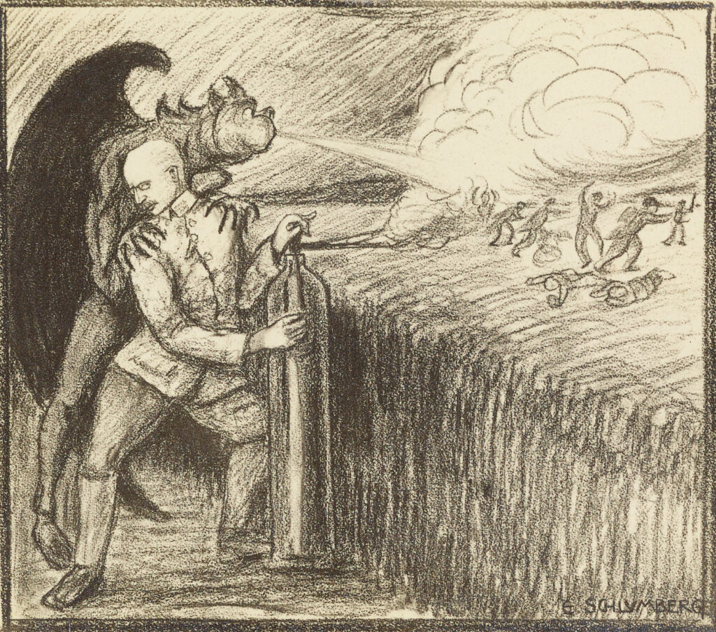 Pencil drawing of a monster and man releasing gas toward distressed soldiers