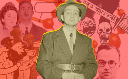 Photo illustration with main image being man in hat and handcuff, surrounded by other portraits and illustrations