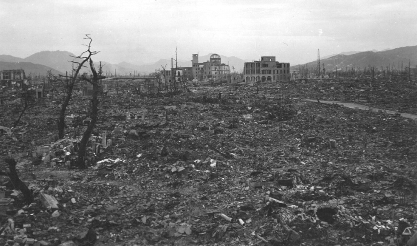 Black and white photo of atomic bombing aftermath