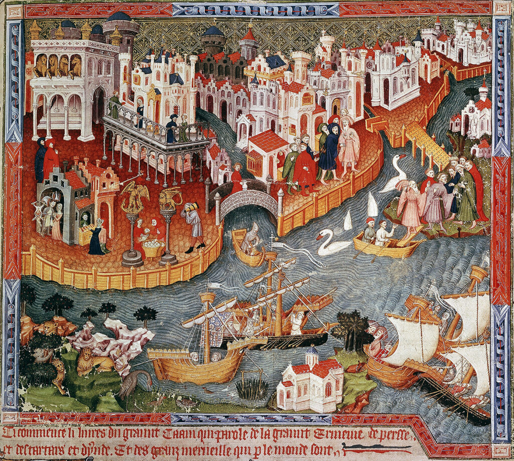Painted engraving of Venice with buildings, canals, and ships