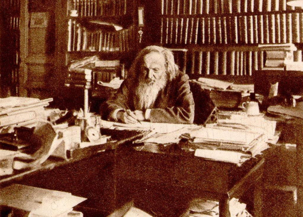 Dmitri Ivanovich Mendeleev in his study at home in 1904.