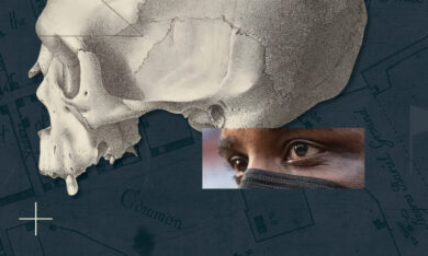 Collage illustration showing map of African Burial Ground in Manhattan, illustration of human skull, man wearing a mask, and a photograph of the MOVE bombing in West Philadelphia