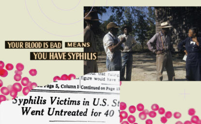 Collage showing news clips about Tuskegee syphilis experiment, and photograph of patients.