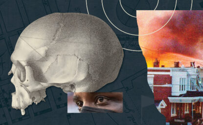 Collage illustration showing map of African Burial Ground in Manhattan, human skull illustration, man's face wearing mask, MOVE bombing in West Philadelphia.