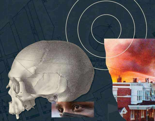 Collage illustration showing map of African Burial Ground in Manhattan, human skull illustration, man's face wearing mask, MOVE bombing in West Philadelphia.