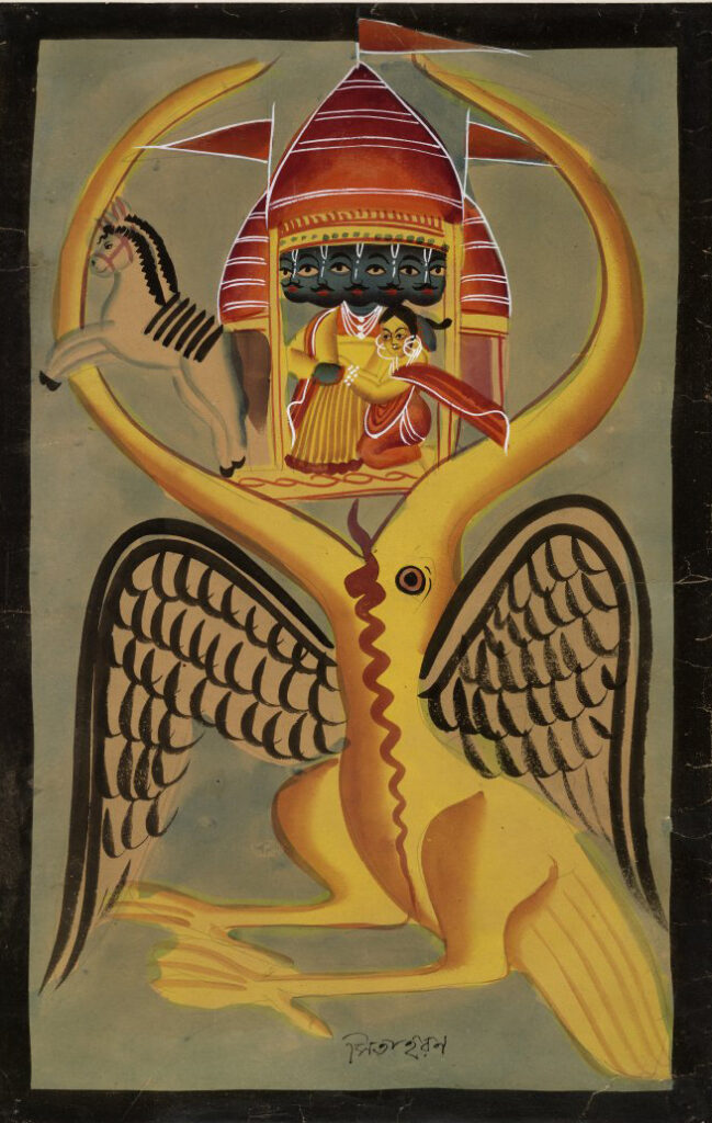 Stylized painting of mythical beings in the beak of a vulture