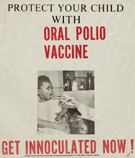 Flyer showing a young boy in a hospital gown receiving an oral vaccine