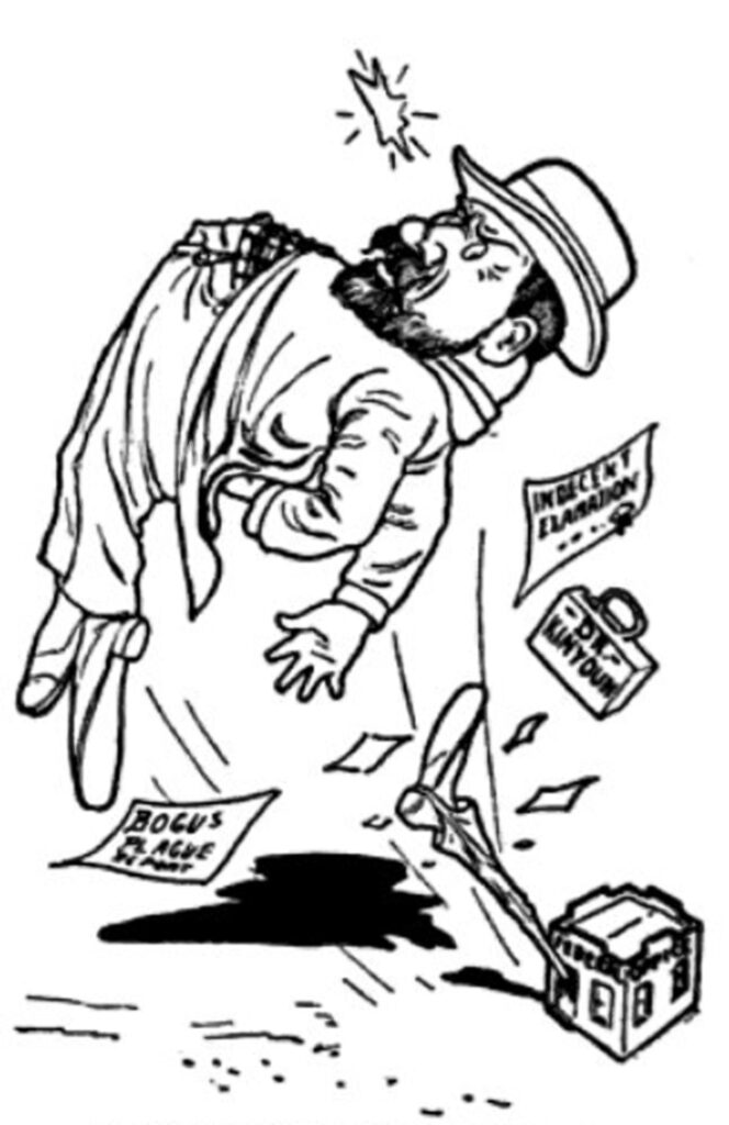 Cartoon of man in hat being kicked in the rear