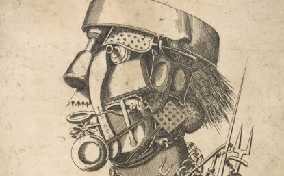 Engraving of a robot in side profile with mouth slightly ajar. The robot's body is made up of cogs, pieces of wood, bits of chain and other tools.