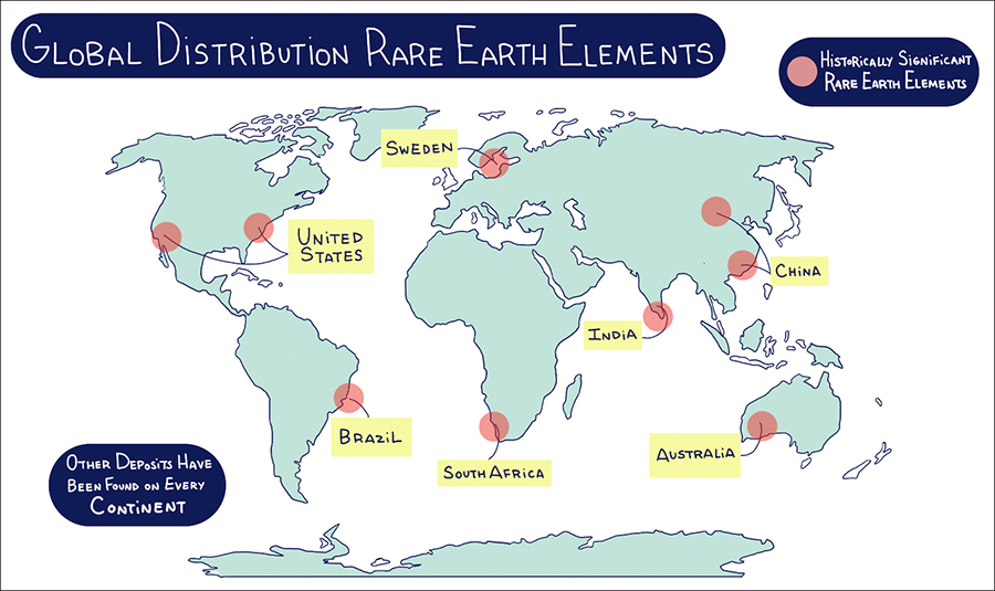 Illustration of map showing where rare earth elements are found