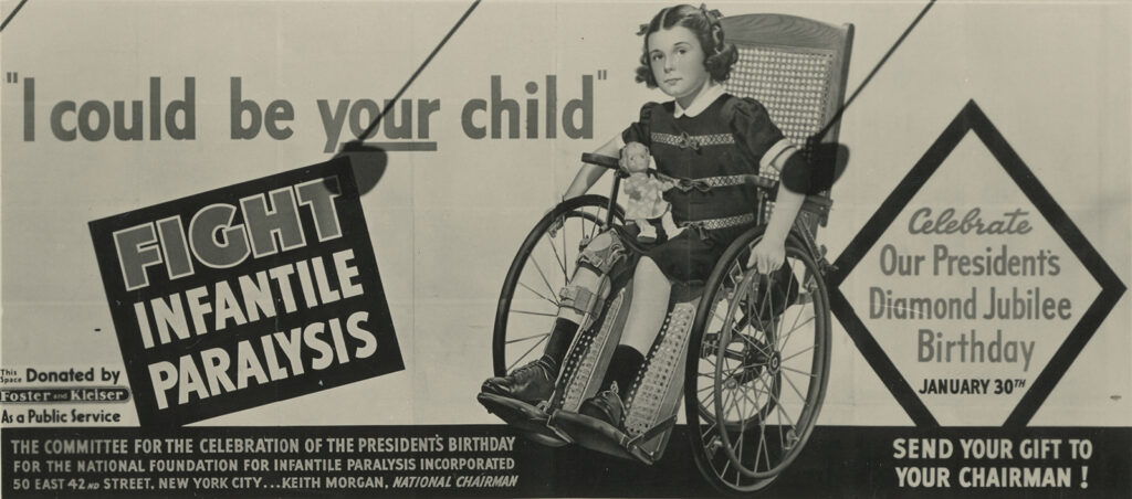 Sepia toned photo of a billboard, showing a young girl in a wheel chair