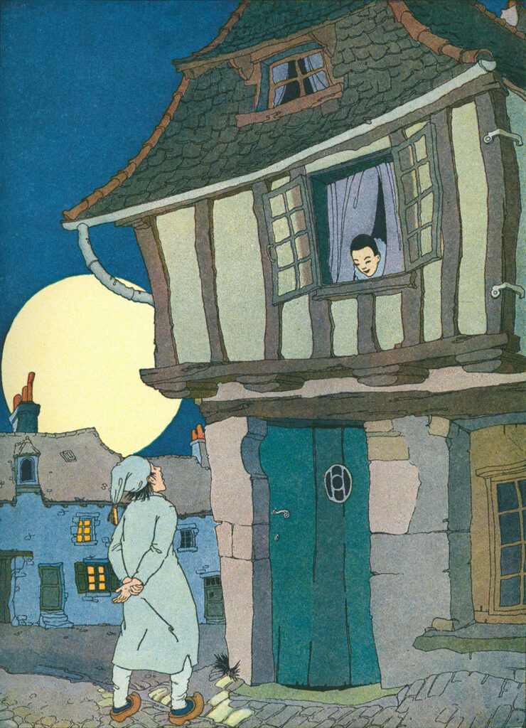 Illustration of two people talking in a village at night